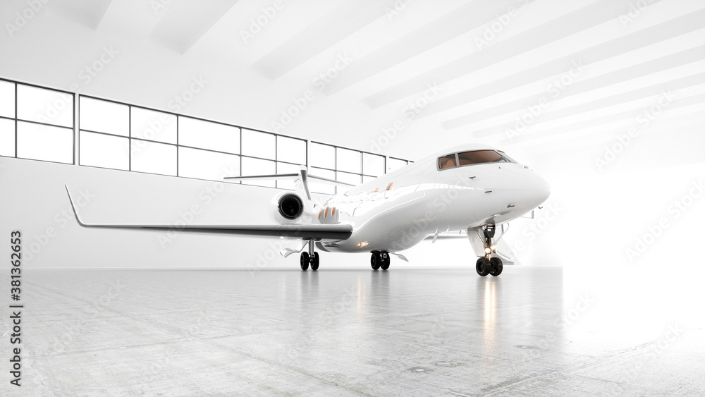 White private jet parked in a spacious light hangar and getting ready for flight. Luxury plane awaiting passengers for a private flight. Horizontal mockup. Realistic 3d render. White private jet parked in a spacious light hangar and getting ready for flight. Luxury plane awaiting passengers for a private flight. Horizontal mockup. Realistic 3d render.