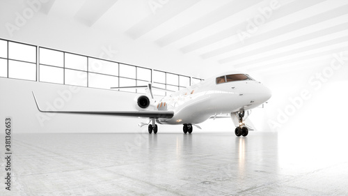 White private jet parked in a spacious light hangar and getting ready for flight. Luxury plane awaiting passengers for a private flight. Horizontal mockup. Realistic 3d render.