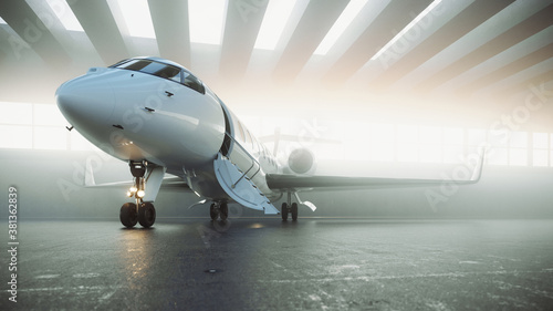 3d render of a white plane with black wings in the hangar on a foggy morning and waiting for passengers. Luxury private business jet getting ready for departure from the airport. Flare light.