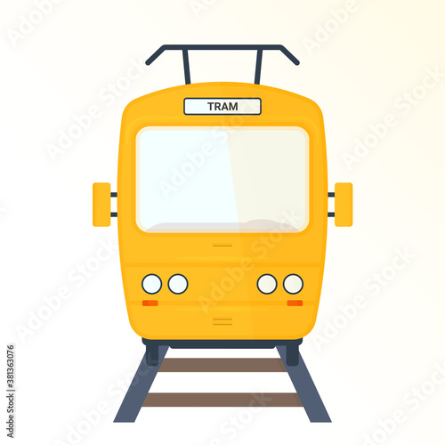 Yellow tram.  Front view. Transport design for icons, infographic, animation, tram stops.