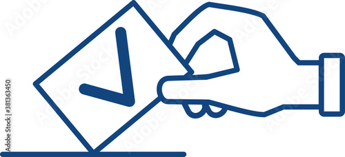 The hand icon holds the ballot paper, lowers it into the ballot box. Political elections, ballot paper at a polling station. Flat infographics. Vector illustration..