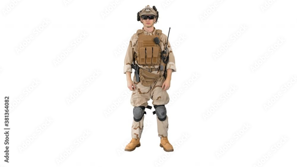 Soldier preparing tactical gear for action battle on white background. Soldier preparing tactical gear for action battle on white background.