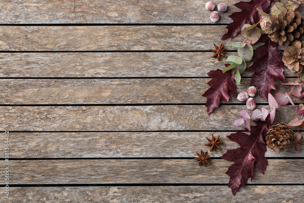 Fototapeta premium Autumn fall thanksgiving day floral composition with dried leaves