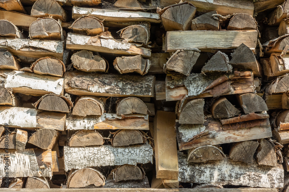 Firewood in woodpile, prepared for Winter. Pile of firewood. The firewood background. A stack of neatly stacked, dry firewood outdoors. Firewood in woodpile, prepared for Winter. Pile of firewood. The firewood background. A stack of neatly stacked, dry firewood outdoors.