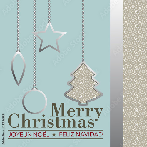 Carte pour souhaiter de bonnes fêtes aux couleurs pastels - texte anglais, français et espagnol - traduction : joyeux Noël.