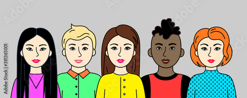 Group of people, men and women of different nations, skin and hair colors. Set of Asian, European, African cartoon simple portraits. Multiethnic society. Diversity. Avatars. Vector flat illustration.