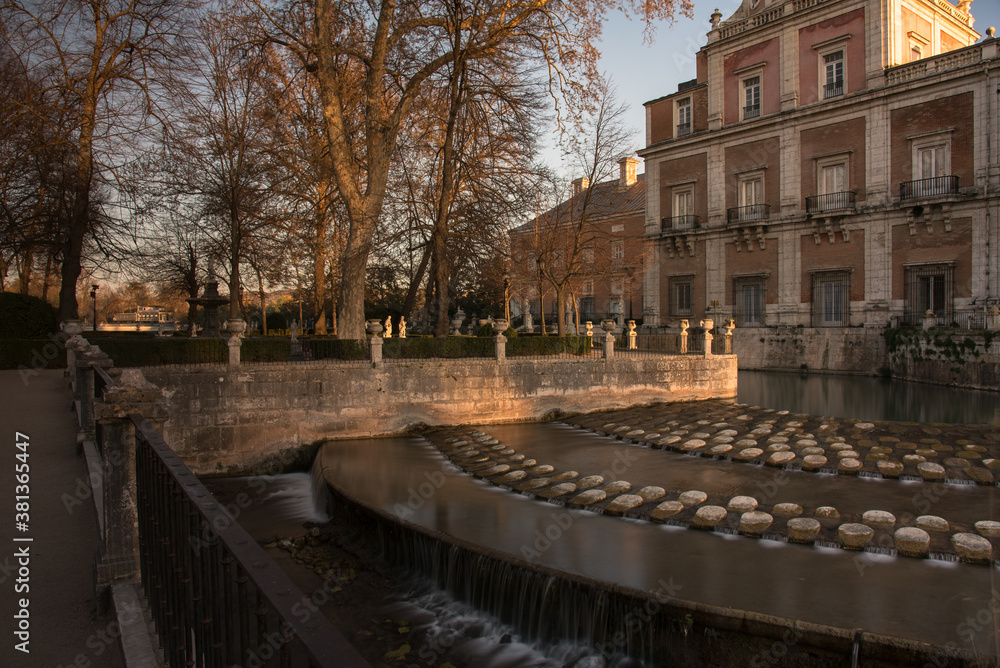 Royal Palace of Aranjuez from the Queen Garden and its statues and fountains, Madrid, Spain