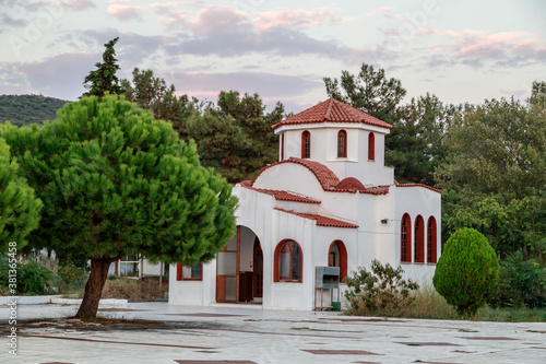 Orthodox church on Thasos island at sunset. Greece.  photo