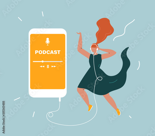 Podcast concept. Young woman in headphones listening to audio on a smartphone. Online podcasting show, radio application. Flat vector illustration with a female character