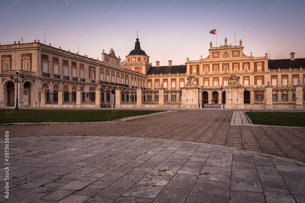 Royal Palace of Aranjuez from the square of the colonels at sunset, Madrid, Spain