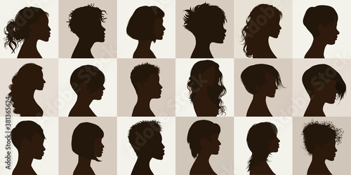 Vector black profile silhouette set with female haircut. Collection face anonymous portrait and isolated women heads with modern hairstyle. Group of beautiful glamorous girls. Coiffure