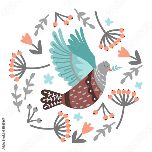 Bird and berries. Hand drawn flying bird in branches and elements of forest, vector illustration of cute singing fowl with wings isolated on white background