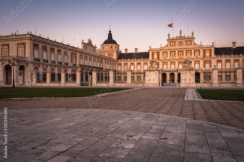 Royal Palace of Aranjuez from the square of the colonels at sunset, Madrid, Spain