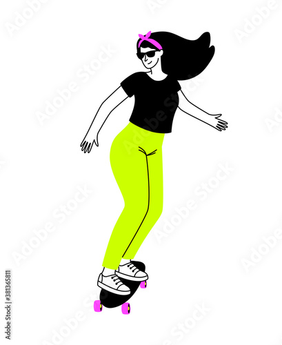 Sport on longboard. Cartoon young happy female on cool skateboard, concept of urban active outdoor, vector illustration of training tricks isolated on white background
