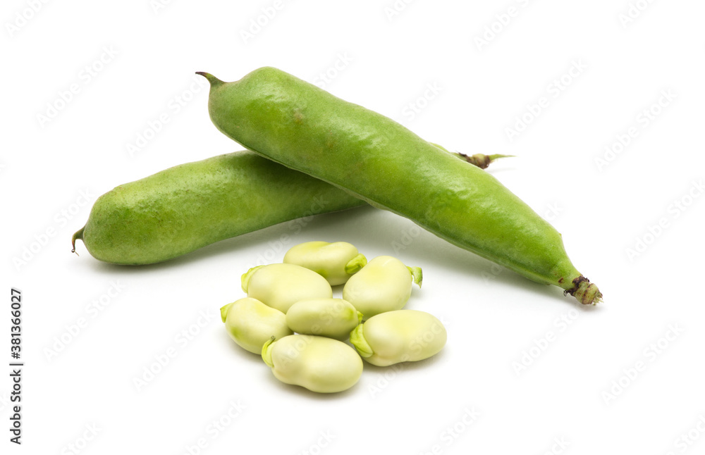 broad bean pods and seeds on white background broad bean pods and seeds on white background