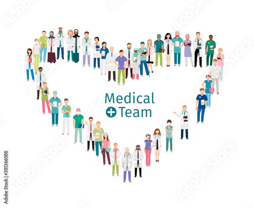 Medical team workers. Medical staff stands in shape of heart isolated on white background