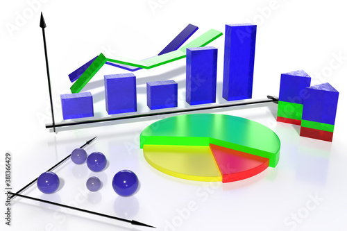 Business-Konzept als 3D-Illustration bestehend aus Linien-, Balken-, Blasen- und Tortendiagrammen