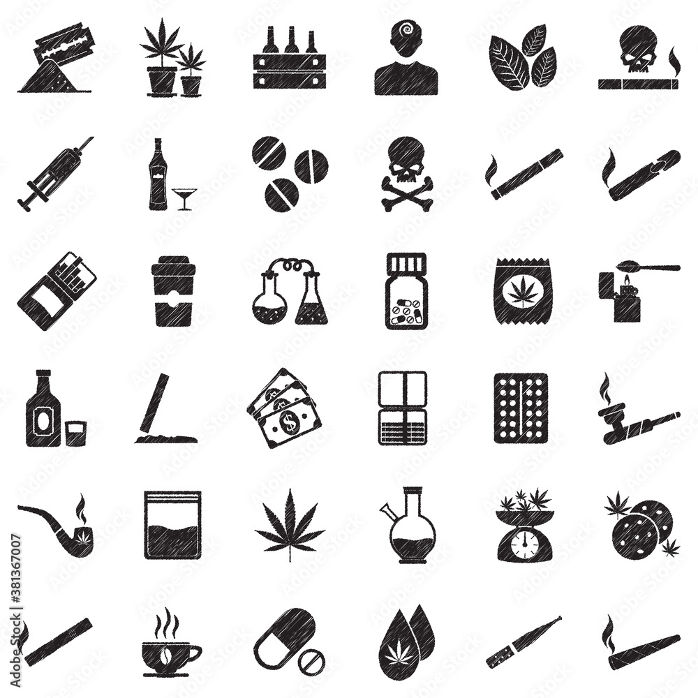 Obraz premium Drugs Icons. Black Scribble Design. Vector Illustration.
