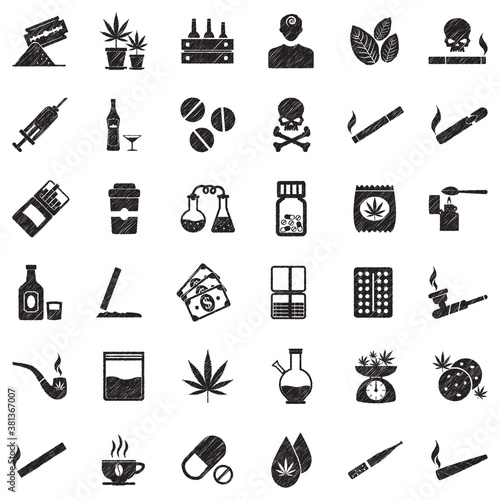 Drugs Icons. Black Scribble Design. Vector Illustration.