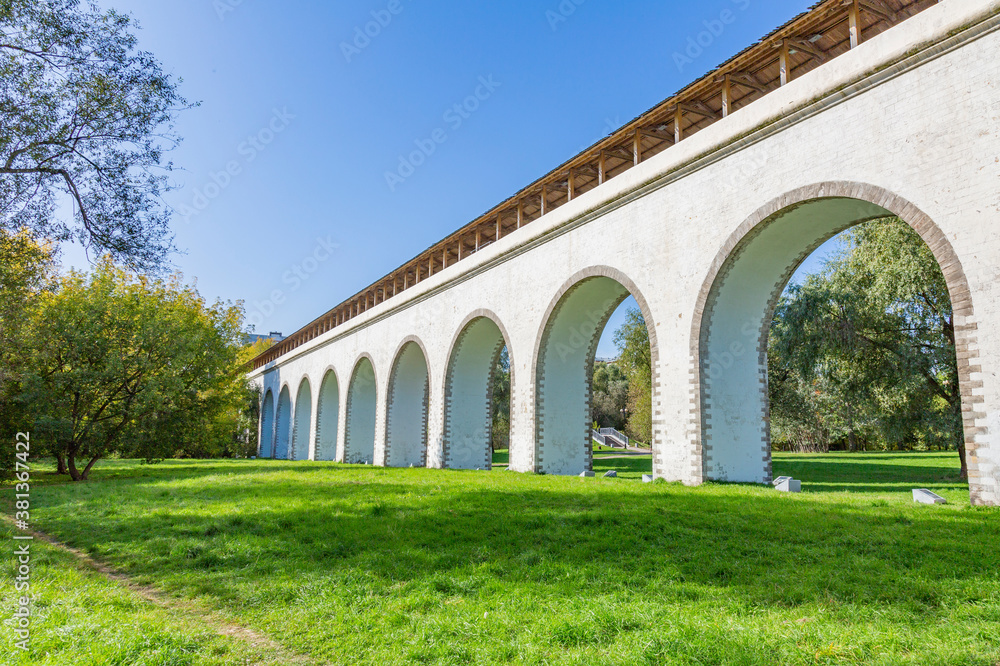 Historical aqueduct of the 18th century made of white stone in Rostokino. Moscow, Russia