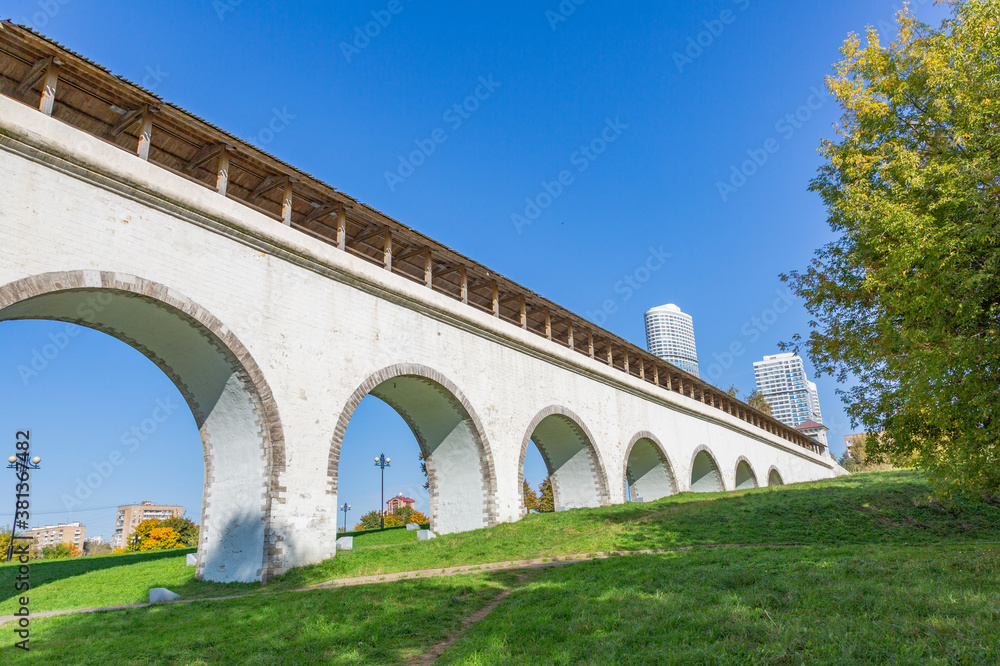Historical aqueduct of the 18th century made of white stone in Rostokino. Moscow, Russia