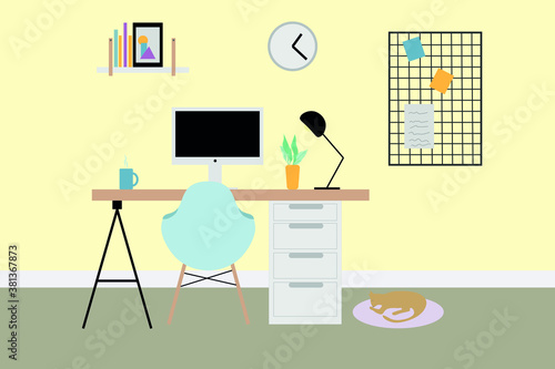 Home office space, work at home, self - isolation. Modern cozy workplace with a wooden table, laptop, Desk lamp, bookshelf, folders, plants, clock, etc. Vector illustration.
