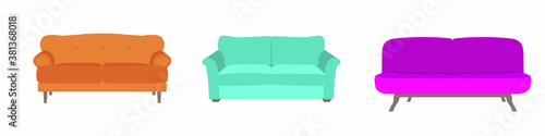 Sofa. Set of three bright designer sofas. Vector graphics on a white background.