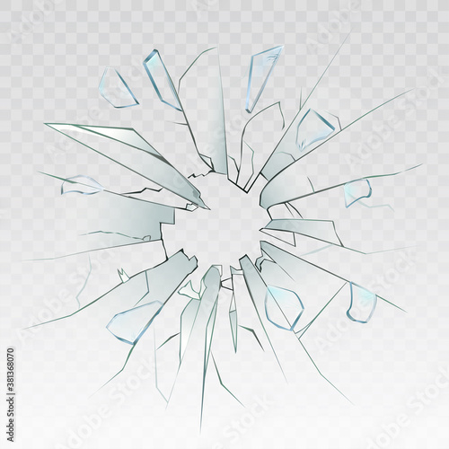 High detailed realistic broken glass isolated on transparent background. With cracks and bullet marks. Realistic transparent shards of broken glass. Vector illustration.