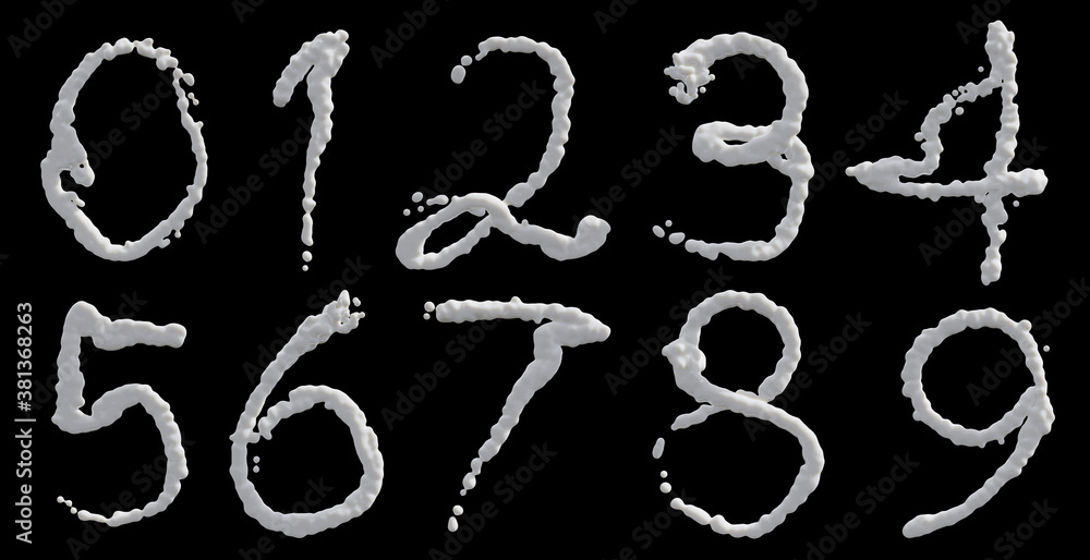 Obraz premium Milk splash numbers isolated on black background. 3d render