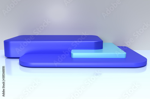 3D-Illustration eines blauen, dreistufigen Podestes, das aus Quadern besteht