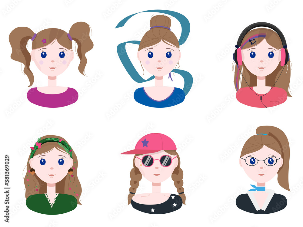 A set of different young girls. Flat illustration with girls with different professions and different fashions. Vector cartoon image. Cute beautiful girls with hairstyles. Characters with different A set of different young girls. Flat illustration with girls with different professions and different fashions. Vector cartoon image. Cute beautiful girls with hairstyles. Characters with different
