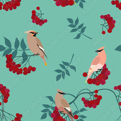 Seamless vector illustration with rowanberry and bird branches.