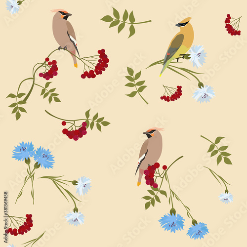 Seamless vector illustration with rowanberry branches, cornflowers and birds
