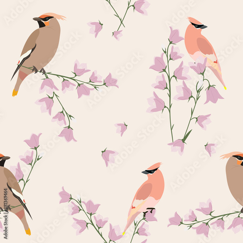 Seamless pattern with field bells and birds