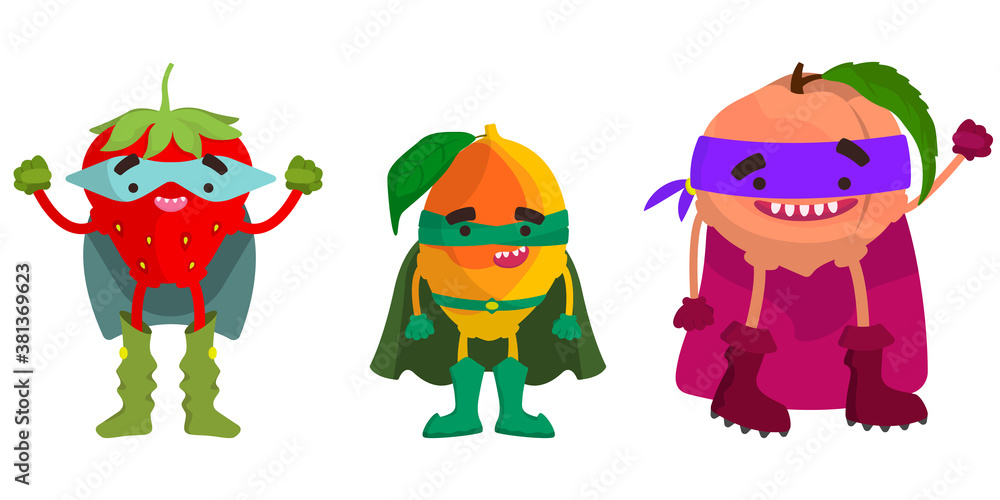 Set of superhero fruits. Strawberry, mango and peach in cartoon style.