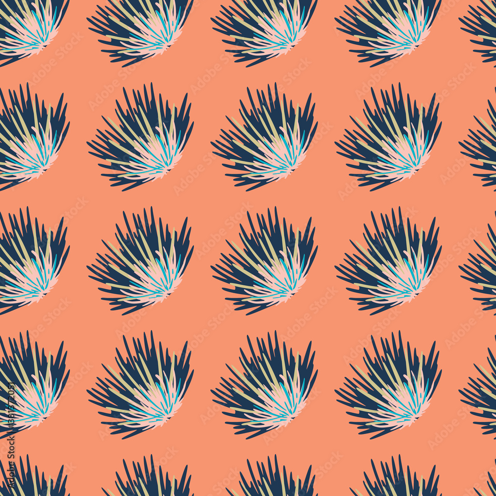 Spring creative seamless bush pattern. Blue tones botanic ornament on coral light background. Spring creative seamless bush pattern. Blue tones botanic ornament on coral light background.