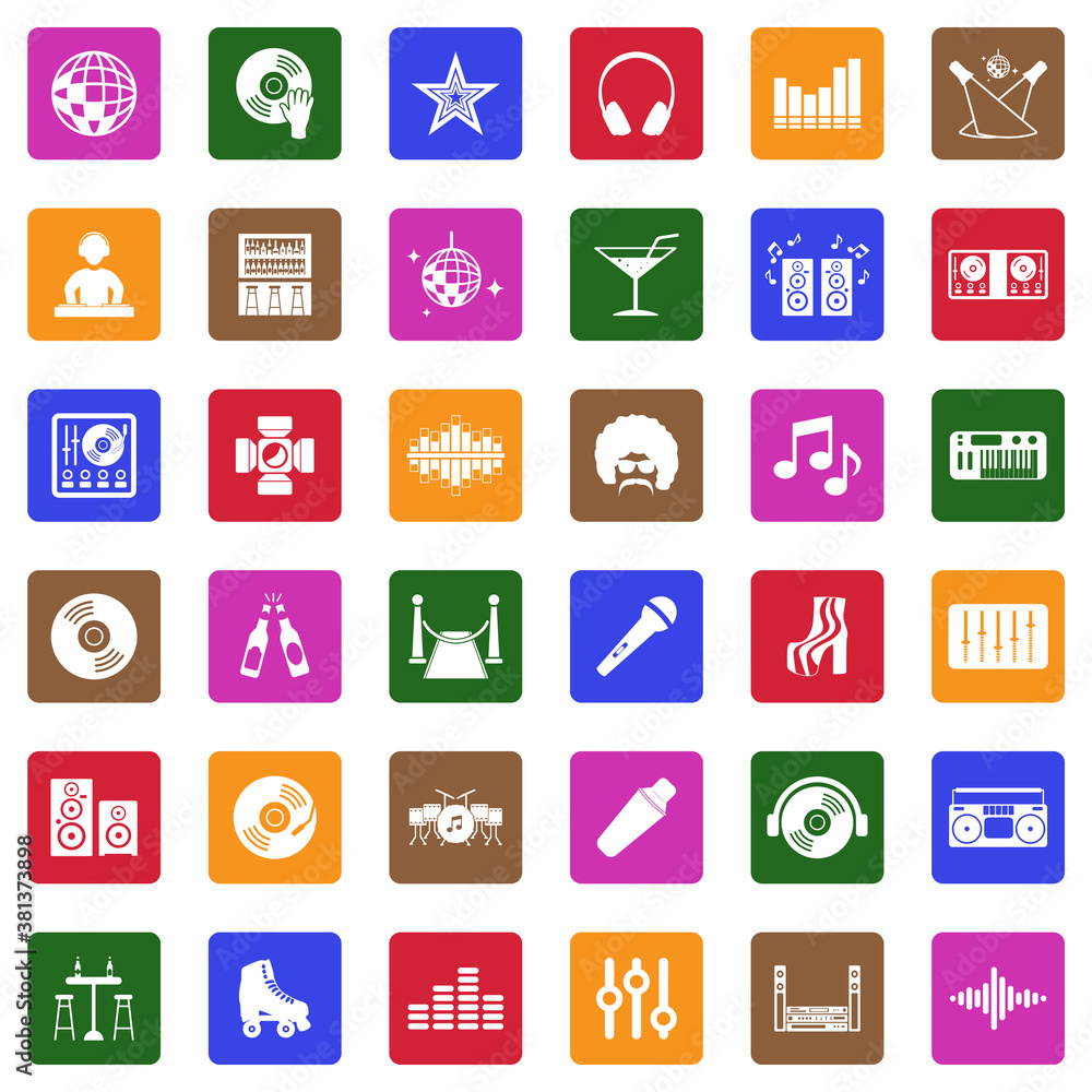 Disco Icons. White Flat Design In Square. Vector Illustration. Disco Icons. White Flat Design In Square. Vector Illustration.
