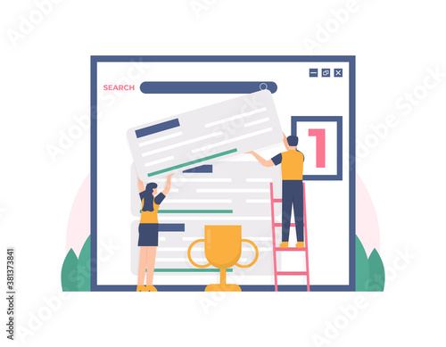 illustration of male and female or a team working together to raise the website to number one on search sites. the concept of seo optimization and digital marketing. flat design. design elements