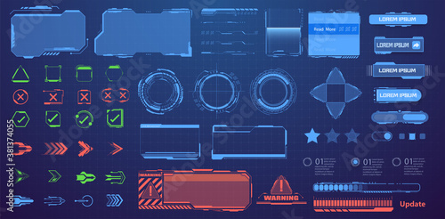 Screens HUD, UI, GUI. Callouts titles. A set of sci-Fi modern user futuristic  interface elements, buttons, arrows, frames, downloads. Information call box bars, modern digital info boxes layout. © ZinetroN