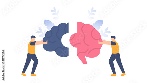 illustration two businessman pushing a brain puzzle to be connected. combine or unite thoughts, ideas, and understanding or knowledge. flat design. can be used for elements, landing pages, UI, assets