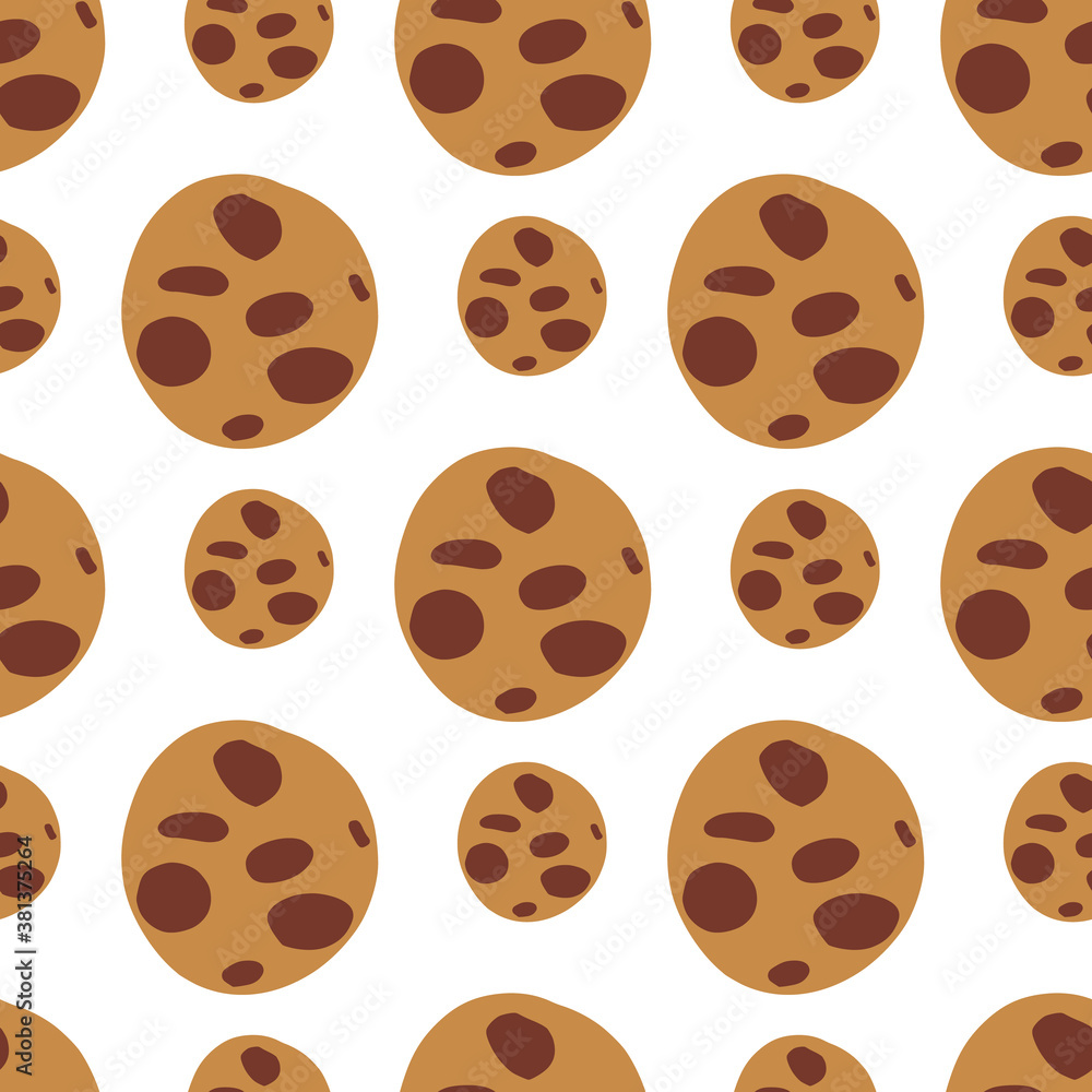 Seamless isolated pattern with beige and brown colored chocolate cookies elements. White background. Tasty dessert.