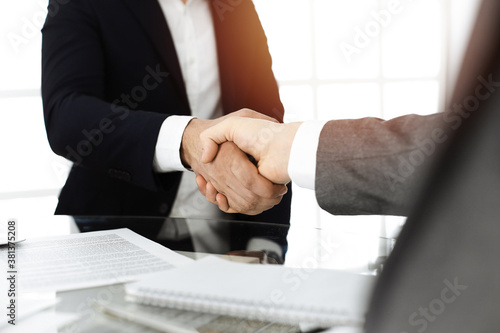 Unknown diverse business people are shaking hands finishing contract signing in sunny office, close-up. Business handshake concept © Iryna