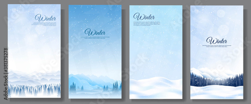 Vector illustration. Flat winter landscape. Snowy backgrounds. Snowdrifts. Snowfall. Clear blue sky. Blizzard. Design elements for card, invitation, social media stories, discount voucher, flyers.