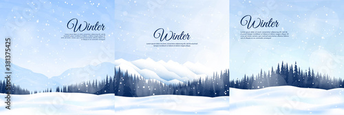 Vector illustration. Flat winter landscape. Snowy backgrounds. Snowdrifts. Snowfall. Clear blue sky. Blizzard. Snowy weather. Winter season. Design elements for social media, blog post, web template