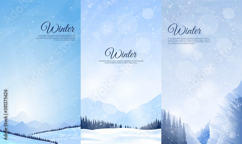 Vector illustration. Flat winter landscape. Snowy backgrounds. Snowdrifts. Snowfall. Clear blue sky. Blizzard. Design elements for card, invitation, social media stories, discount voucher, flyers.