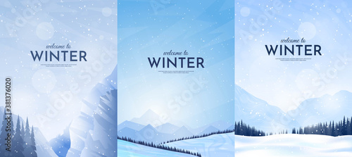 Vector illustration. Flat winter landscape. Snowy backgrounds. Snowdrifts. Snowfall. Clear blue sky. Blizzard. Snowy weather. Design elements for poster, book cover, brochure, magazine, flyer, booklet