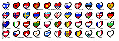Eurovision europe contest song 2021 Funny euro country map heart flag logo symbol Fun music festival icon Songfestival hearts countries Europe