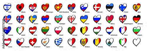 Eurovision europe contest song 2021 Funny euro country map heart flag logo symbol Fun music festival icon Songfestival hearts countries Europe