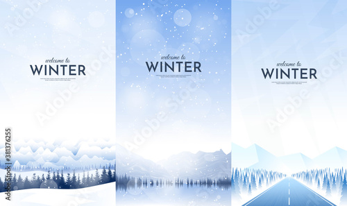 Vector illustration. Flat winter landscape. Snowy backgrounds. Snowdrifts. Snowfall. Clear blue sky. Blizzard. Design elements for card, invitation, social media stories, discount voucher, flyers.