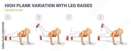 Leg Raise Plank Woman Workout Exercise Colorful Concept Silhouette Illustration